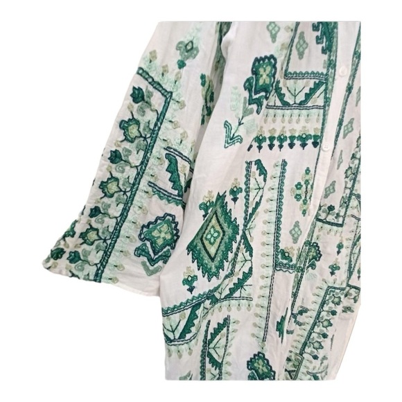 Zara White Green Embroidered Tunic Collared Shirt Dress Boho Cover Up size XL - Picture 13 of 15